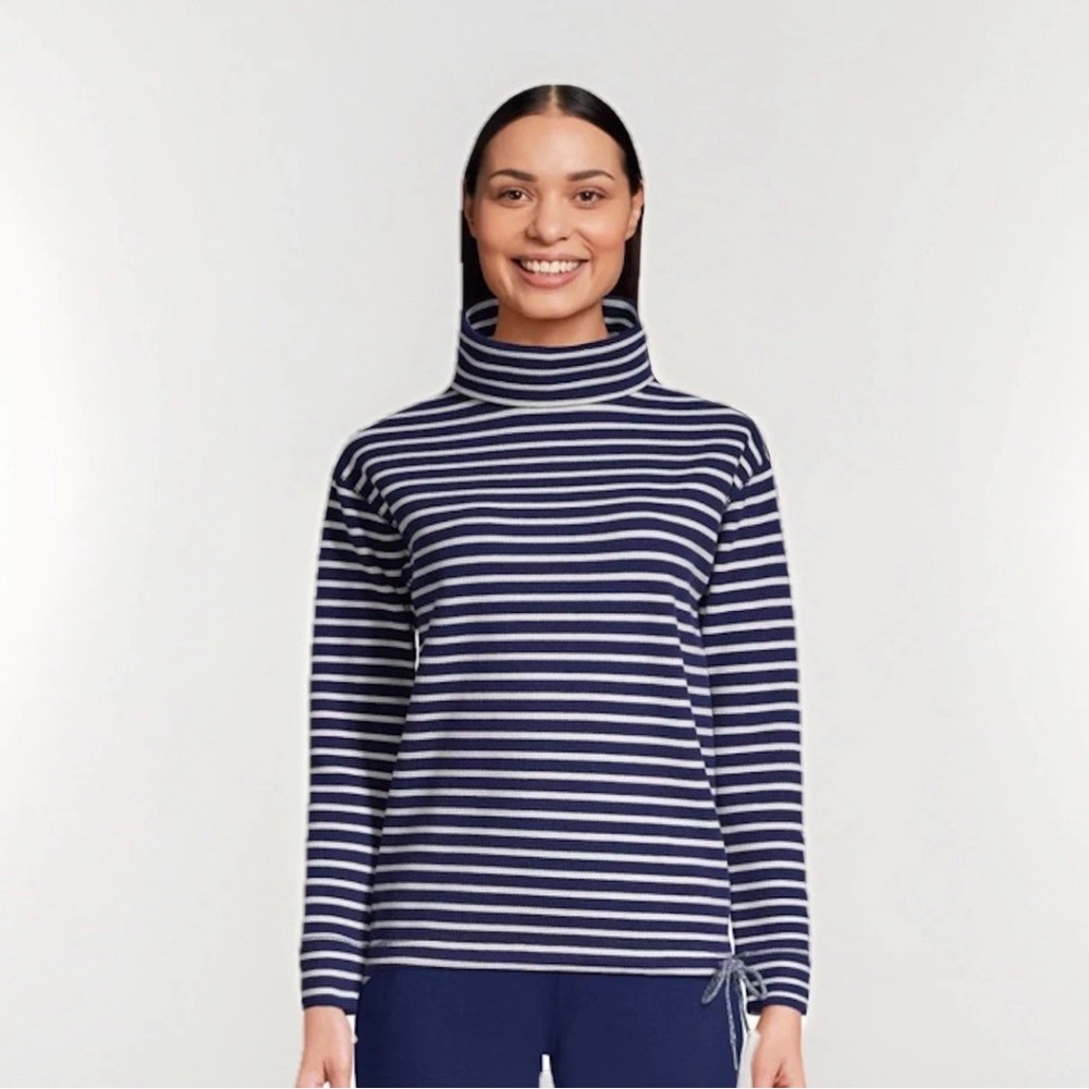Lands' End Women’s 1X 16W-18W Navy Blue Striped Waffle Knit Nautical Funnel Neck